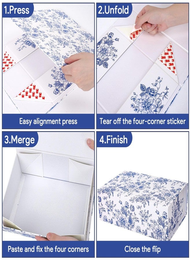 وولاين علبة هدايا من ثلاث قطع من Whaline، زرقاء اللون، مزينة بنقوش زهور، مع إغلاق مغناطيسي، مثالية لتغليف الهدايا في حفلات الزفاف، وحفلات توديع العزوبية، وأعياد الميلاد، وغيرها من المناسبات. - Image 3